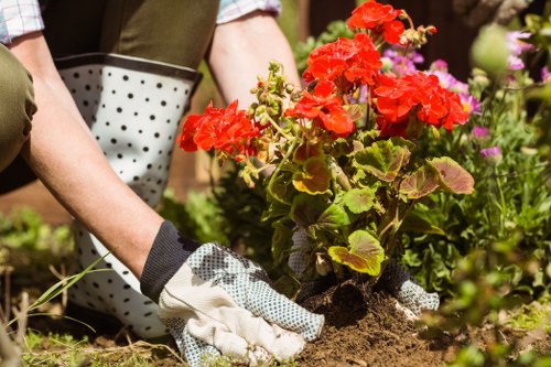 Team of gardeners working on a lush garden